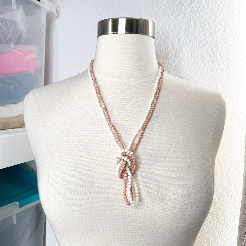 Peach White Marbled Bundle Long Beaded Knotted Statement Necklaces